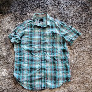 Women's Calvin Klein Blue Gray Pink Plaid Button Down Short Sleeve Size Medium
